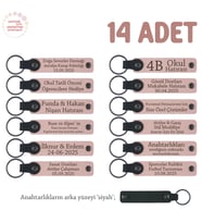 Eğitimcilerden Öğrencilerine, 14'lü Set, İsimli Ve Mesajlı Deri Anahtarlık Hediyelik, Pudra & Siyah