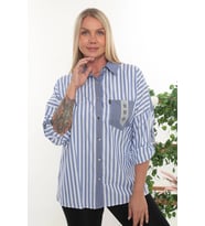 %100 Cotton Rahat Kalıp Çizgili Büyük Beden Kadın Uzun Kollu Gömlek (Mavi)