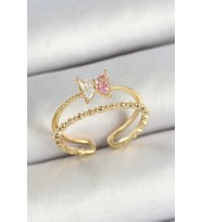 Pirinç Kelebek Figürlü Zirkon Taşlı Gold Renk Ayarlanabilir Kadın Yüzük 5886