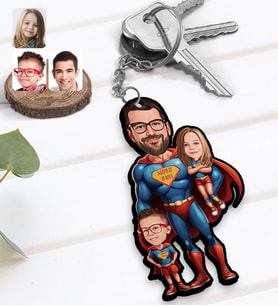 BK Gift Kişiye Özel Süper Baba-Çocuk Karikatürlü Ahşap Anahtarlık-2, Babalar Günü Hediyesi, Babaya Hediye
