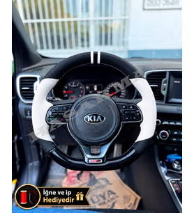 Kia Optima JF Dikme Direksiyon Kılıfı Delikli Deri Parlak Siyah Beyaz Detay Çift Yüzük ve Dikiş 2015-2018