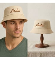 BK Gift Kişiye Özel İsim Nakışlı Unisex Bucket Şapka Krem Pamuk Gabardin Kumaş Yazlık Şapka
