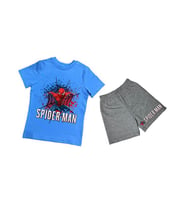 unisex Spiderman baskılı pamuklu kumaş kısa kollu şortlu ikili çocuk takımı (Mavi)