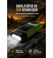 Solar Panelli Şarjlı Dinamolu Powerbank Fener El Kranklı USB-C Kamp ve Acil Durum Lambası Karabinalı