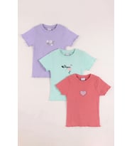 Monox 5-12 Yaş Kız Çocuk 3'lü Nakışlı Fitilli Tshirt Likralı Esnek Yazlık Body Set (Açık Lila)