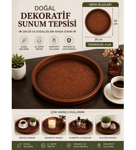 Doğal Dekoratif Yuvarlak Sunum Tepsisi 35x35 cm – El Yapımı Şık Servis ve Düzenleyici Tepsi