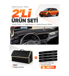 e-biz VOLKSWAGEN POLO (2022-2025) Uyumlu Torpido Örtüsü + Deri Bagaj Çantası - Siyah-Bej - VW022