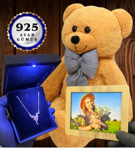 Kişiye Özel Premium Set Büyük Boy Kahve Peluş Ayıcık ve Gerçek 925 Ayar Gümüş Kolye (Model 4)