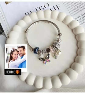Pandora Model Charmlı Kristal Kelebek Kadın Çelik Bileklik Kişiselleştirilmiş Fotoğraf Hediyeli & Sevgiliye Anneye Ablaya Arkadaşa Doğum Günü Hediyesi