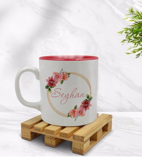 BK Gift Kişiye Özel Çiçek Tasarımlı İçi Kırmızı Renkli Kupa Bardak Model 18
