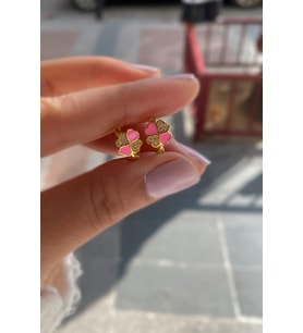 Gümüş pembe mineli yonca çocuk küpesi