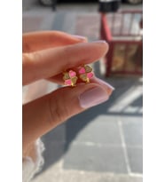 Gümüş pembe mineli yonca çocuk küpesi (Sarı)