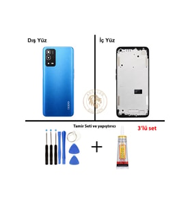 Oppo A55 Mavi Uyumlu Orta Kasa + Yapıştırıcı ve Vida Seti Full Kasa Kapak Gövde Housing