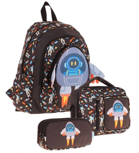Kaukko Kids Kız Çocuklara Özel (Siyah - 3D Roket Detaylı) Üçlü Okul Çantası Seti