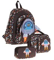 Kaukko Kids Kız Çocuklara Özel (Siyah - 3D Roket Detaylı) Üçlü Okul Çantası Seti