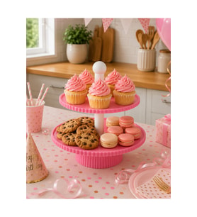 2 Katlı Pembe Sunum Standı – Kurabiyelik, Cupcake ve Takı Organizeri – 30 cm Dekoratif Stand