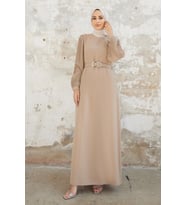 Kolları Piliseli Elbise - Bej