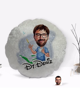 BK Gift Kişiye Özel İsimli Erkek Diş Hekimi Karikatürlü Yuvarlak Dekoratif Kırlent Yastık-4
