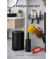 4 Parça Banyo Aksesuar Seti Yapışkanlı Duvar Rafı 5 LT Çöp Kovası Tuvalet Fırça Siyah Titan 7104