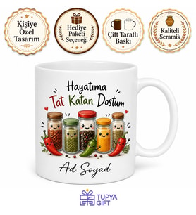 Baharatlık ve Biber Çizimli Hayata Tat Katan Eğlenceli Dost Kupa Hediye Bardak