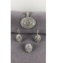Telkari güverseli çiçekli oval gümüş kadın set