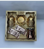 Özel Ahşap Kutusunda 2'li Nostaljik Fincan,Türk Kahvesi ve Cezve Takımı (Altın)