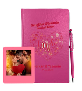 Sevgililer Gününe Özel Pembe Defter Kalem & Instagram Çerçeve Hediye Seti 10