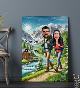BK Gift Kişiye Özel Doğa Yürüyüşü Karikatürlü Kanvas Tablo-1, Sevgiliye Hediye, Sevgililer Günü Hediyesi