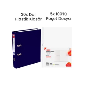 30 Adet Dar Klasör 5 Adet Noki 100'lü Poşet Dosya Ofis Seti