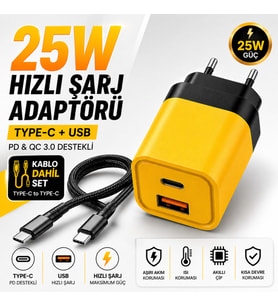 25W Hızlı Şarj Adaptörü + Type-C to Type-C Kablo Seti  PD & QC 3.0 Destekli  USB + Type-C Çift Giriş  Akıllı Koruma  Hızlı Şarj Aleti