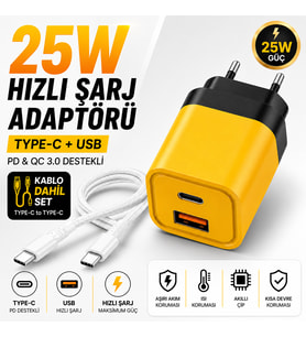 25W Hızlı Şarj Adaptörü + Type-C to Type-C Kablo Seti  PD & QC 3.0 Destekli  USB + Type-C Çift Giriş  Akıllı Koruma  Hızlı Şarj Aleti