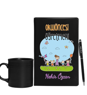 Okul Öncesi Öğretmenlerine Özel Defter Kalem & Siyah Varil Kupa Hediye Seti