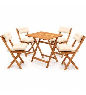 Katlanır Ahşap Balkon Bahçe Masa Sandalye Takımı Gürgen 4 Sandalyeli Minderli Bistro Set 60x80 cm