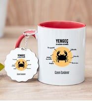 Kişiye Özel Yengeç Burcuna Hediye Kırmızı Kupa Bardak ve Anahtarlık
