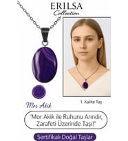 Sertifikalı Oval Mor Akik Taşı Kolye – Gümüş Aparatlı Doğal Şifa ve Zarafet İçin (Çok Renkli)