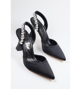 Gümüş Saten Taşlı Stiletto Topuklu Ayakkabı (Siyah)