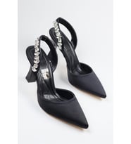 Gümüş Saten Taşlı Stiletto Topuklu Ayakkabı (Siyah)