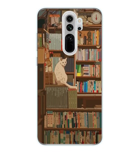 Redmi Note 8 Pro Uyumlu Kedi ve Kütüphane Tasarımlı Şeffaf Telefon Kılıfı
