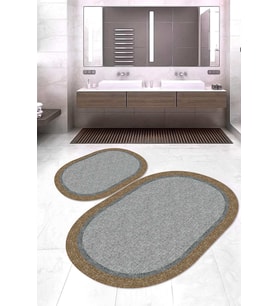 Dijital Baskılı Kaymaz Taban Yıkanabilir Oval 2'li Klozet Takımı Banyo Paspası NOKZ-HT-230 (Gri)