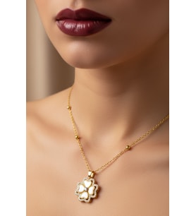 Altın Renk Beyaz Sedef Van Cleef Yonca Model Top Zincir Çelik Kolye- 3726