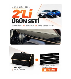 RENAULT CAPTUR 2 (2019-2024) Uyumlu Torpido Örtüsü + Tay Tüyü Bagaj Çantası + Sticker Seti - Siyah Bej