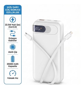 20000mAh 22.5W Hızlı Şarj Powerbank Dahili Kablolu Dijital Göstergeli Taşınabilir Harici Batarya