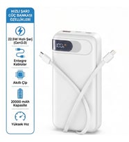 20000mAh 22.5W Hızlı Şarj Powerbank Dahili Kablolu Dijital Göstergeli Taşınabilir Harici Batarya