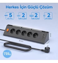 5’li Köşe Priz 2 USB-A 2 USB-C Girişli 2 Metre Kablolu Gece Işıklı Akım Korumalı Masaüstü Çoklu Priz 3680W (Siyah)