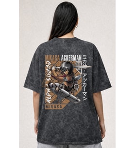 Mikasa Ackerman Attack On Titan Baskılı Unisex Oversize Eskitme Yıkamalı Tişört