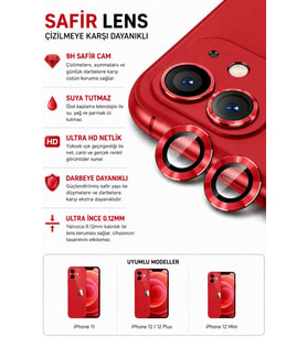 iPhone 11 / 12 / 12 Mini Kırmızı Metal Kamera Lens Koruyucu Safir Cam Ultra Net HD