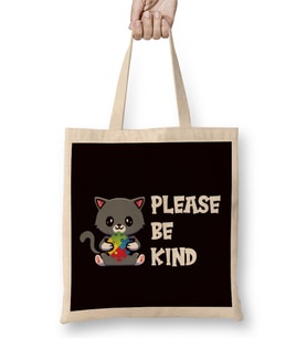 Be Kind Autism Awareness Cat Kitten Autistic Puzzle Ribbon Bez Çanta Uzun Saplı