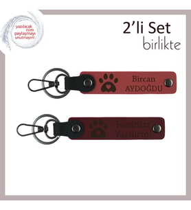 Sadık Dostların Anısını Taşıyan Deri Tasarım, Kalpli Pati Desenli Anahtarlık Seti, Nar Çiçeği-Bordo (Çok Renkli)