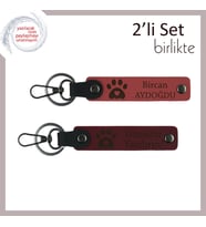 Sadık Dostların Anısını Taşıyan Deri Tasarım, Kalpli Pati Desenli Anahtarlık Seti, Nar Çiçeği-Bordo (Çok Renkli)