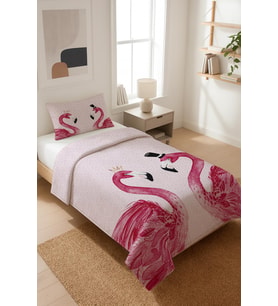 Flamingo Desenli Kadife Kumaş Kapitoneli Tek Kişilik Yatak Örtüsü Seti (2 Parça) TKY0040 (Çok Renkli)